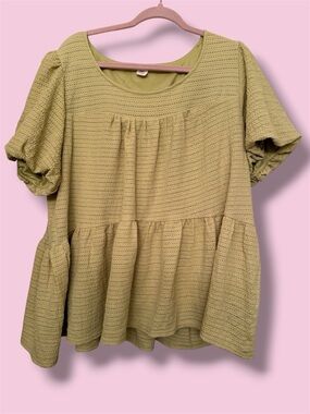 Casual Olive Green Pleated Peplum Women's Top